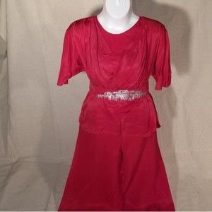 Red Silk Pant Suit w Silver detail belt (S)